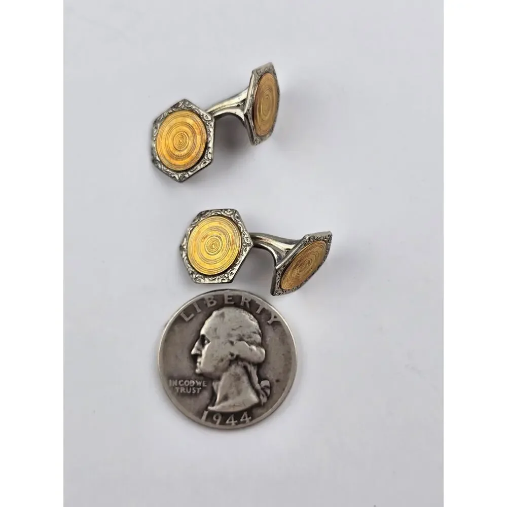 Antique Men's Silver & Gold tone Textured Cufflinks in Clamshell box